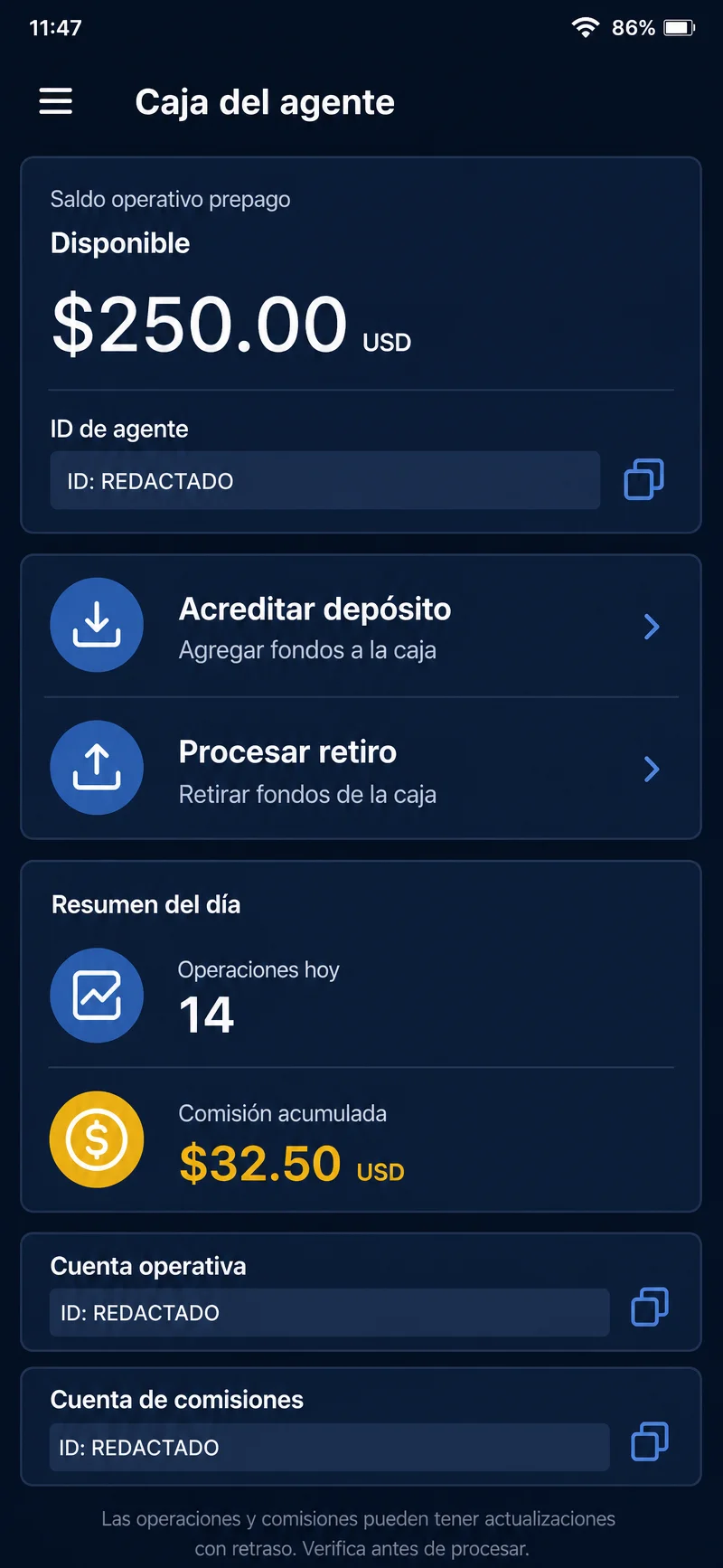 Panel oficial de MobCash mostrando el saldo operativo y el historial de movimientos de caja